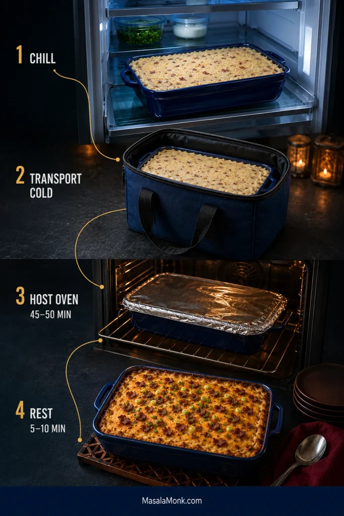 Four-stage potluck guide showing the casserole chilled in a refrigerator, carried cold in an insulated bag, baked covered for 45 to 50 minutes, then rested for 5 to 10 minutes.