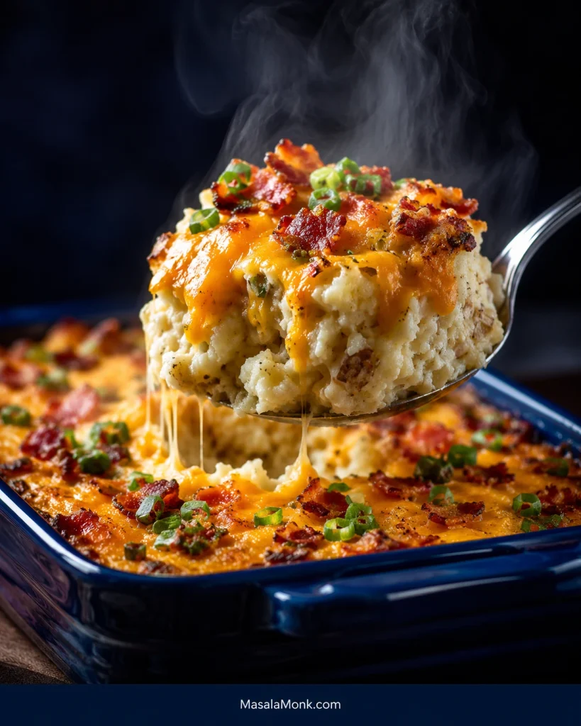 Serving spoon lifting a portion of twice baked potato casserole with fluffy potato, melted cheddar, bacon pieces and green onion visible.