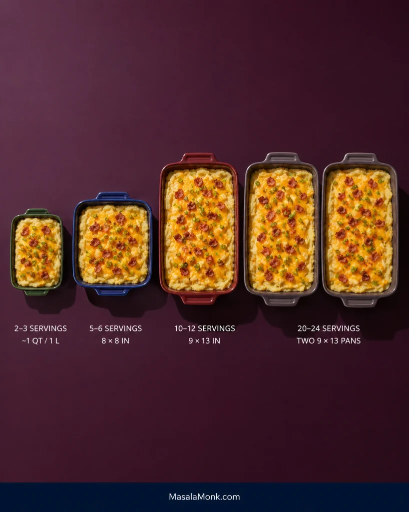 Four casserole dishes showing approximate pan sizes for 2 to 3, 5 to 6, 10 to 12, and 20 to 24 servings.
