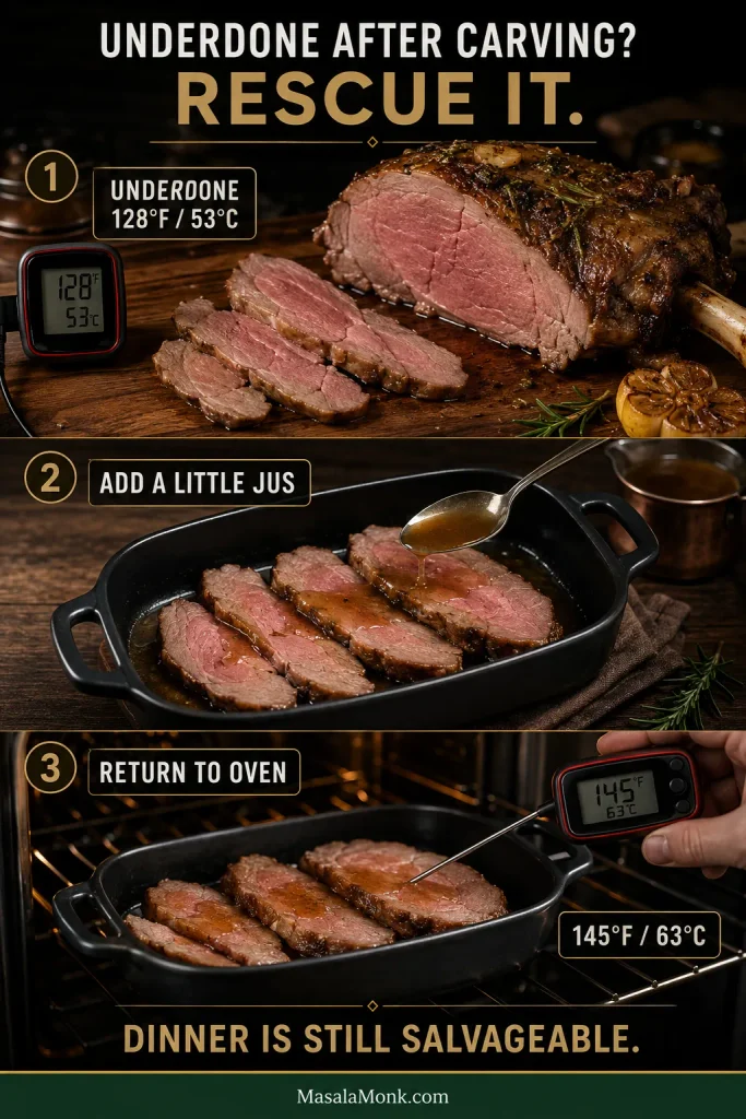 Rescue guide showing underdone lamb at 128°F / 53°C, slices with a little jus in an oven-safe dish and a final 145°F / 63°C reading.