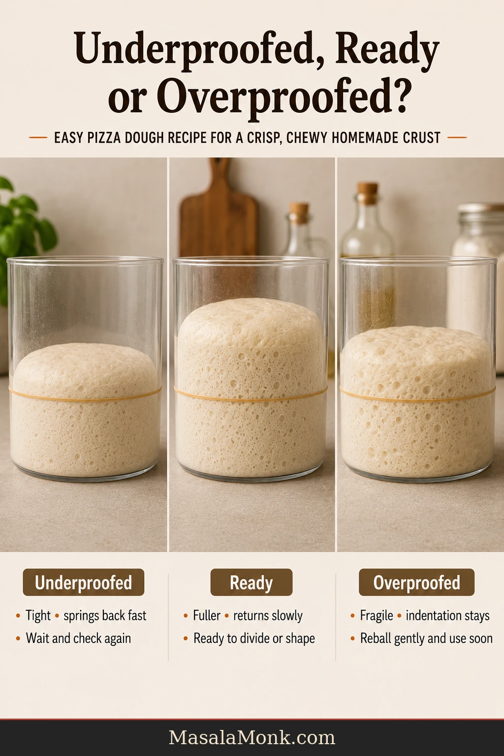 Three containers comparing tight underproofed dough, rounded aerated ready dough and fragile flattened overproofed dough.