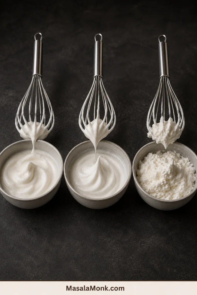 Three bowls and whisks showing loose underwhipped cream, smooth peaked cream and grainy overwhipped cream.