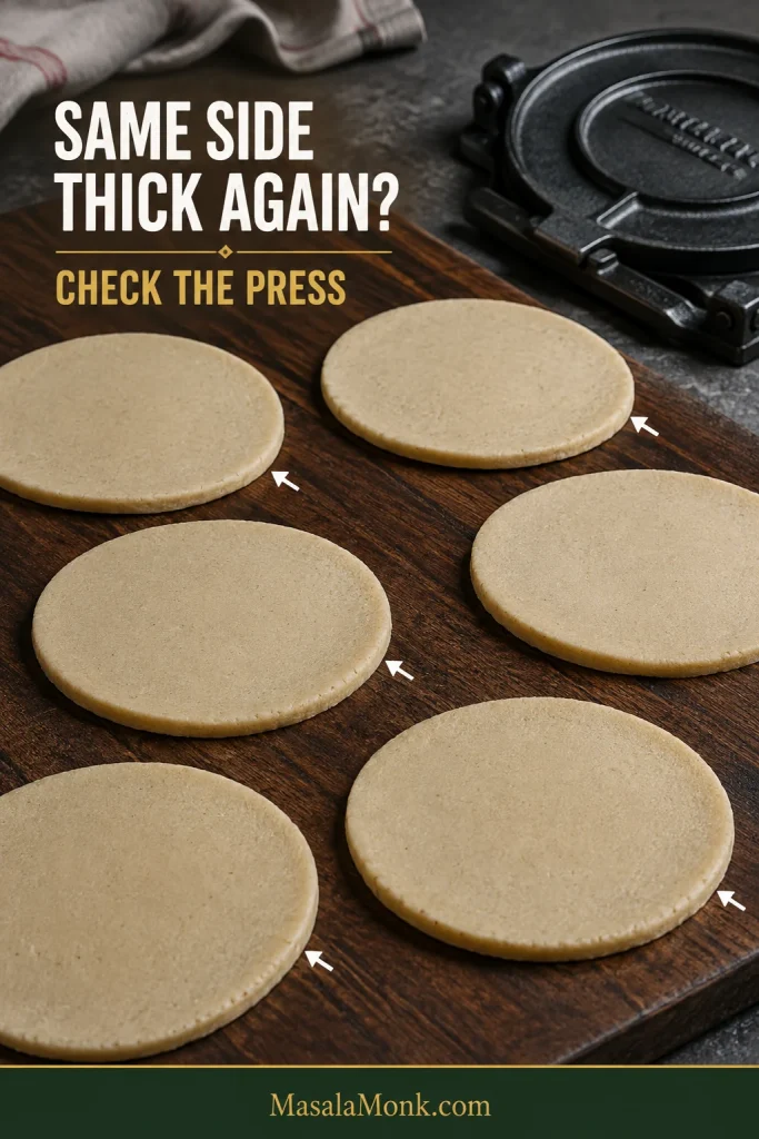 Several raw pressed corn tortillas showing the same side repeatedly thicker, with a tortilla press nearby.