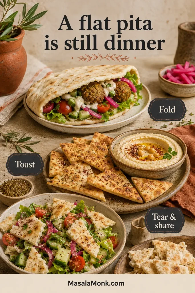 Three uses for pocketless pita: folded around filling, toasted into chips and torn for dips or salad.