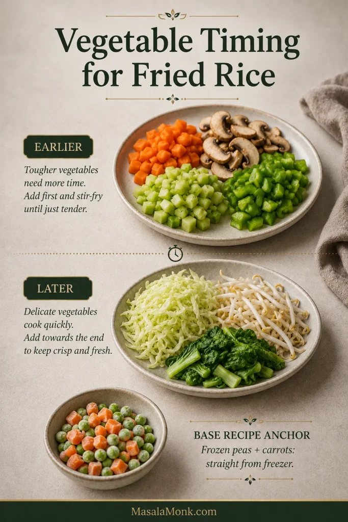 Vegetable timing guide showing firmer vegetables as earlier additions and cabbage, bean sprouts and tender greens as later additions.