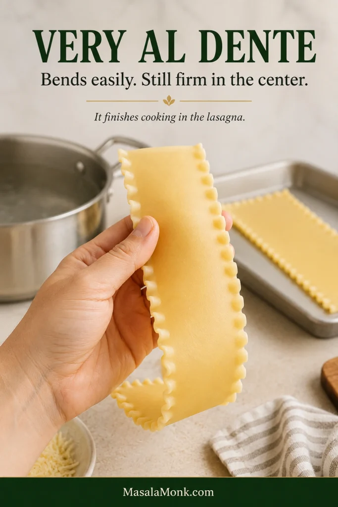 A cooked ruffled lasagna noodle held with tongs, flexible enough to bend but still firm enough to maintain its shape.
