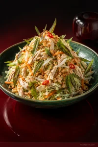 In Gỏi Gà Bắp Cải, a loose, aerated bowl is a useful sign of good texture: cabbage, chicken and rau răm stay visibly separate instead of collapsing into a dense, wet mound.
