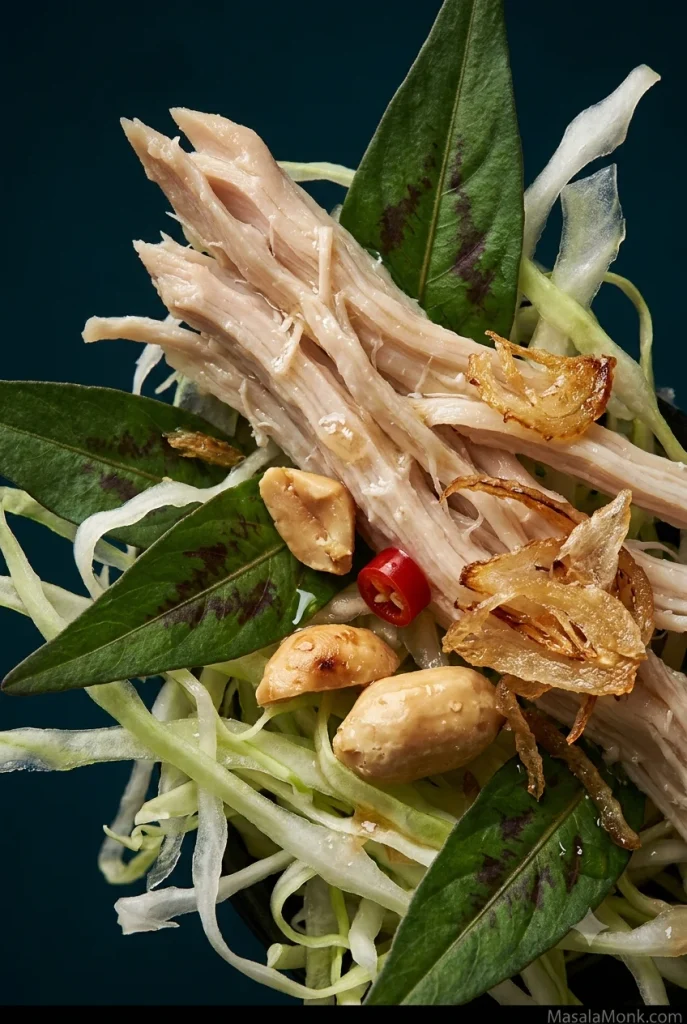 Close-up of Vietnamese chicken cabbage salad showing moist shredded chicken, thin cabbage ribbons, rau răm leaves, roasted peanuts, fried shallots and sliced red chile.