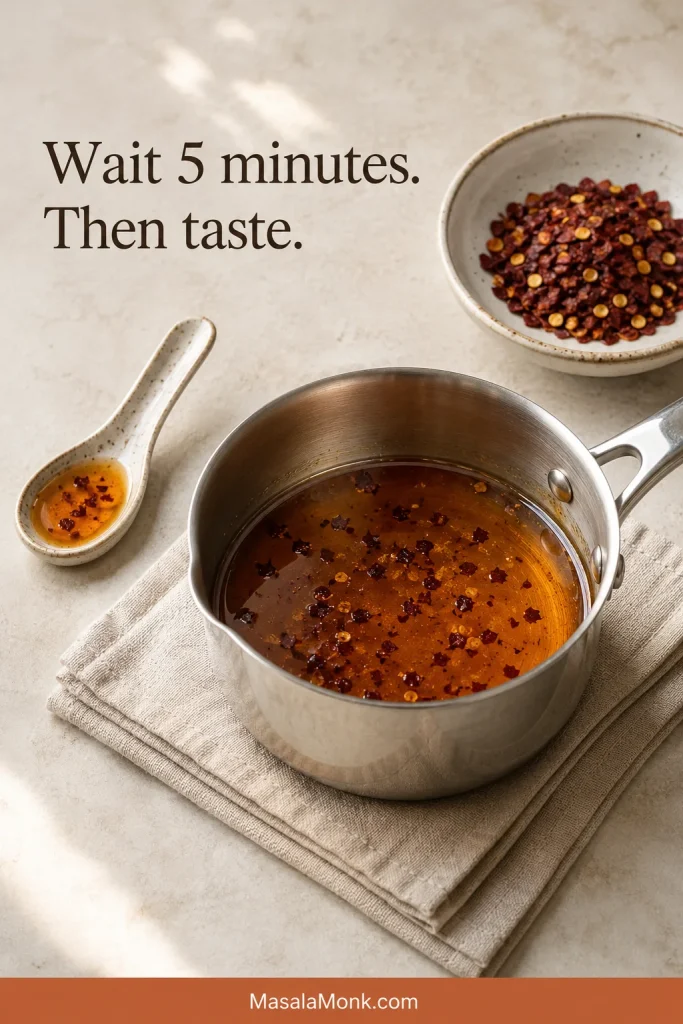 A saucepan of dried-chilli hot honey resting off the heat beside a tasting spoon and an untouched portion of extra dried chilli flakes.