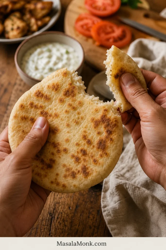 Hands tearing a warm Greek pita to reveal its soft cooked interior while dinner ingredients sit nearby.