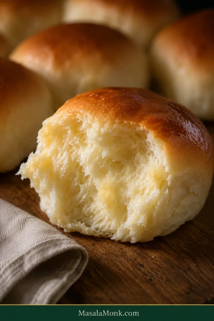 Close-up of a freshly torn golden dinner roll showing a continuous pale, fluffy crumb with delicate strands and more rolls blurred behind it.