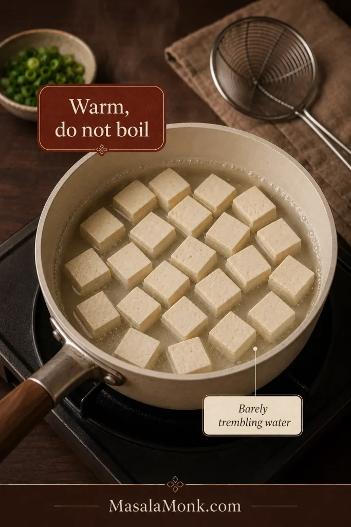 Pale tofu cubes warming in clear water inside a light saucepan, with only small bubbles around the edge rather than a rolling boil.