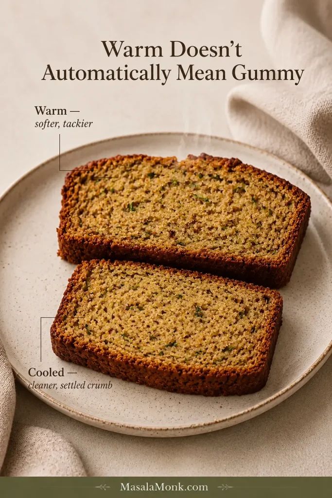 Two fully baked zucchini bread slices comparing a softer warm crumb with a cleaner, more settled cooled crumb.