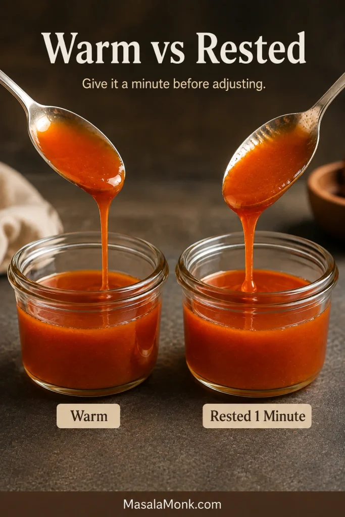 Two matching red-gold hot honey glazes compared side by side, with the warm glaze flowing in a longer stream and the rested glaze clinging more.