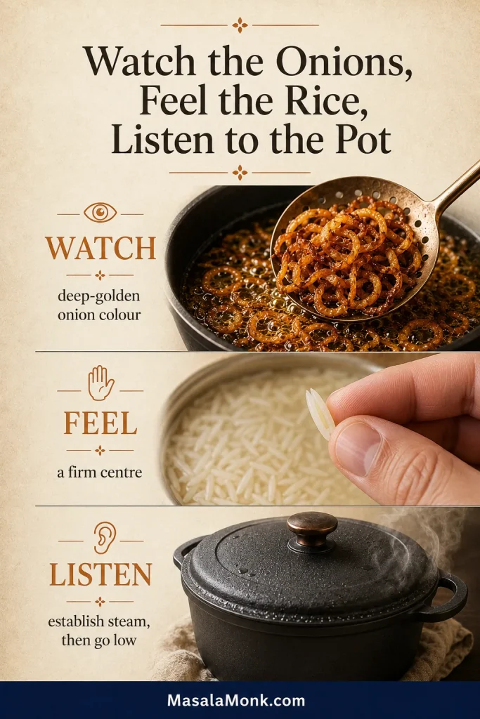 Cooking guide linking deep-golden fried onions, firm-centred parboiled rice and a sealed biryani pot to sight, touch and sound cues.