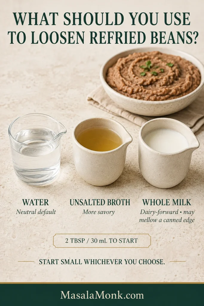 Three small vessels of clear water, golden unsalted broth, and white whole milk beside a bowl of refried beans.