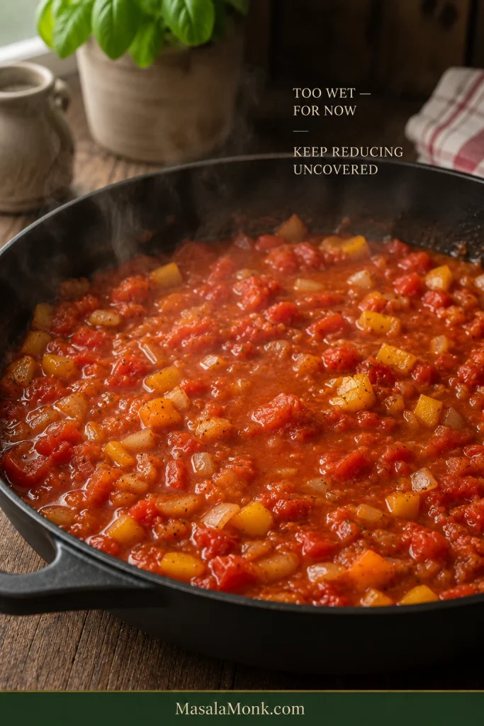 Tomatoes, softened onions and bell peppers simmering in abundant loose tomato liquid with steam rising from a wide pan.