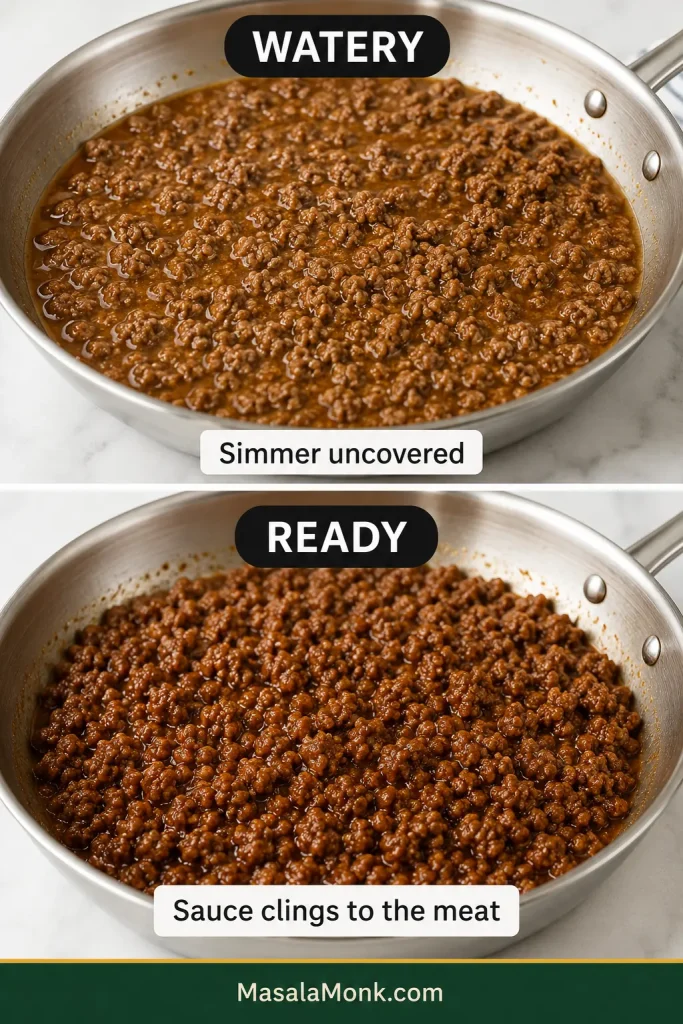 Before-and-after skillet comparison with thin liquid surrounding the ground beef in the Watery example and glossy coated taco meat with no loose pool in the Ready example.