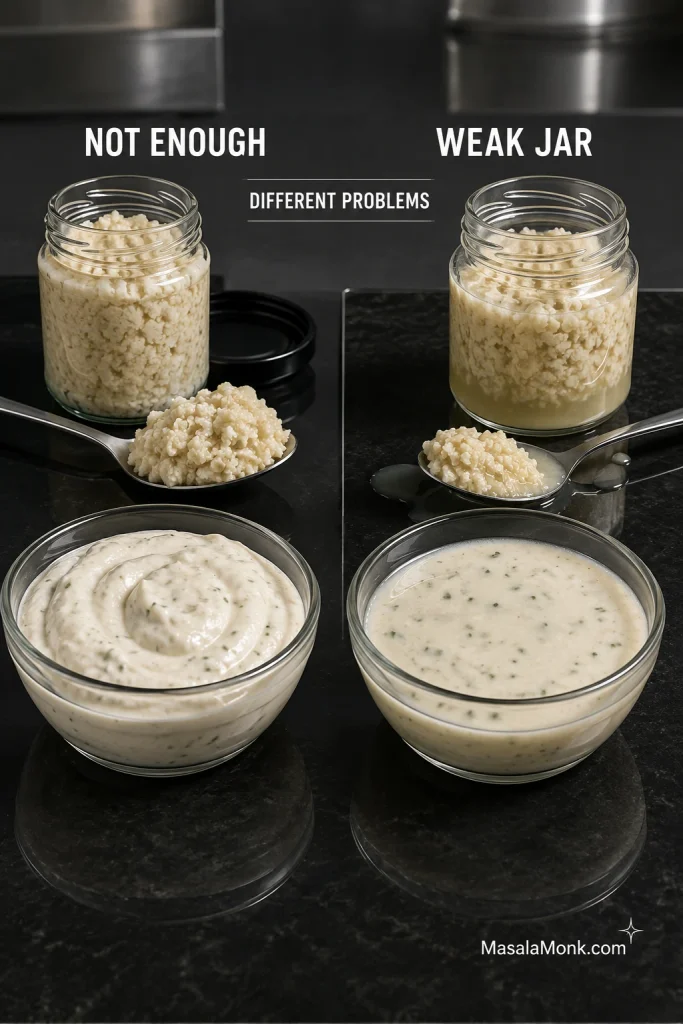 Side-by-side comparison of thick sauce needing more horseradish and thinner sauce made with a wetter, weaker jar of prepared horseradish.