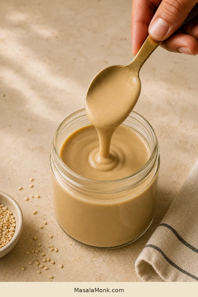 Spoon lifting a smooth ribbon of stirred tahini from a glass jar with no visible separated oil layer.