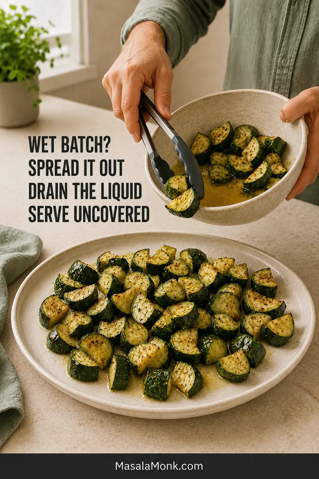 Cook transferring wet zucchini from a narrow bowl with pooled liquid onto a broad uncovered platter using silicone-tipped tongs.
