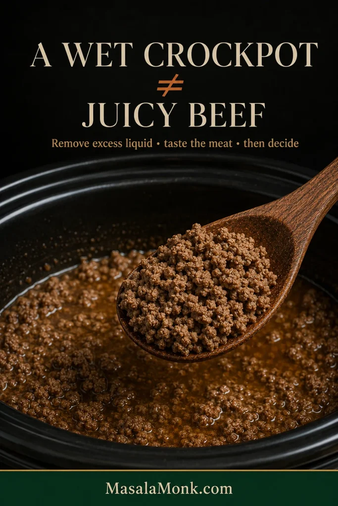 A wooden spoon lifts coarse, matte-looking taco meat above a slow cooker with visible reddish cooking liquid pooled around the remaining beef.