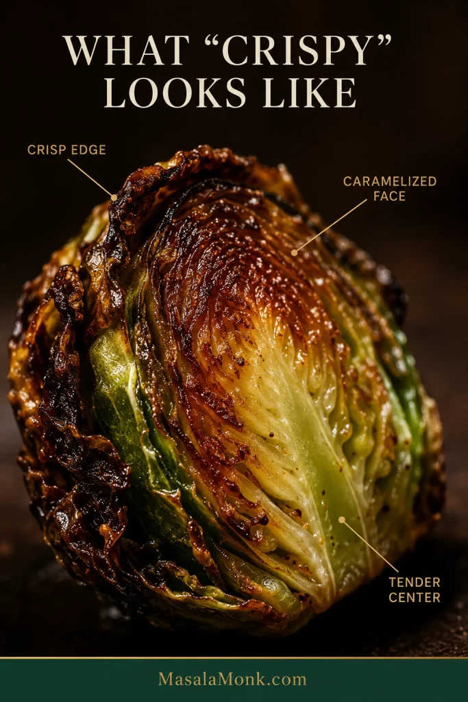Close-up roasted Brussels sprout with labels pointing to a crisp curled edge, caramelized brown face and tender layered green center.
