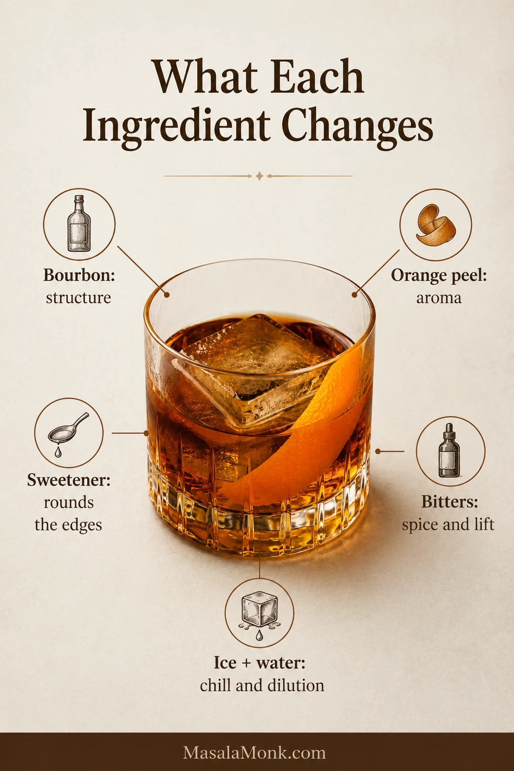 Guide surrounding an Old Fashioned with bourbon, sweetener, bitters, orange peel, and ice-and-water labels explaining each role.
