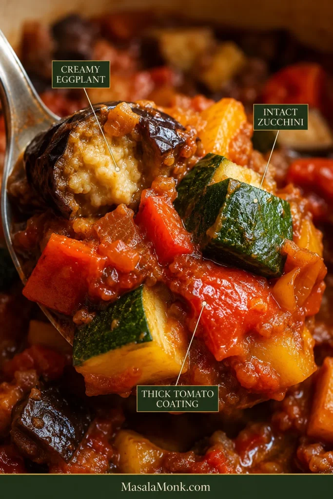 Close-up of finished ratatouille with callouts identifying creamy eggplant, intact zucchini and thick tomato coating.