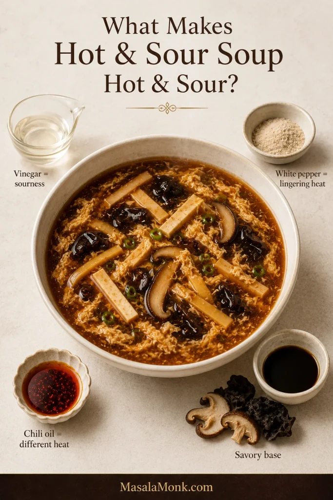 Teaching board with a bowl of glossy brown soup surrounded by vinegar, pale ground white pepper, chilli oil, and broth, mushroom and soy cues explaining sourness, heat and savory flavor.