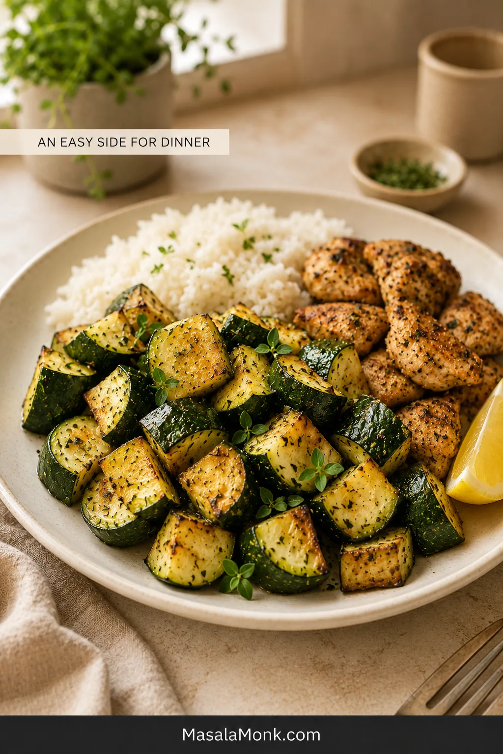 Weeknight dinner plate with a generous serving of browned zucchini, white rice and seasoned chicken pieces on a warm neutral table.