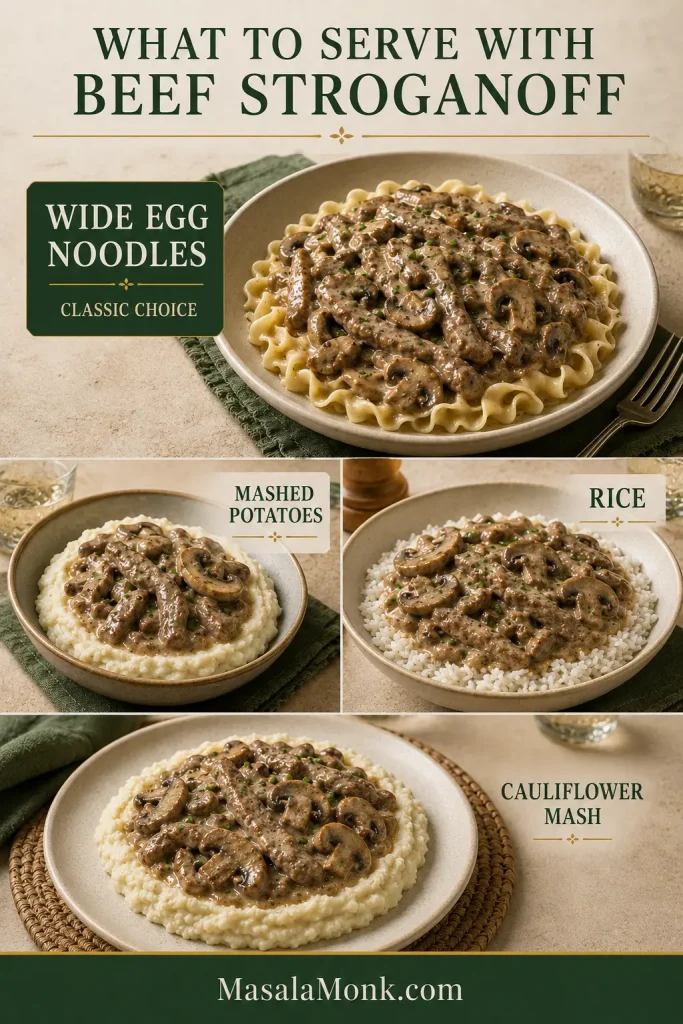 Serving comparison showing Beef Stroganoff paired with wide egg noodles, mashed potatoes, white rice and cauliflower mash.