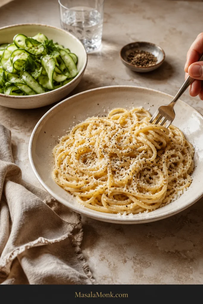 Plate of cacio e pepe beside a bowl of fresh ribboned cucumber salad, with a hand holding a fork over the peppered pasta and a glass of water in the background.
