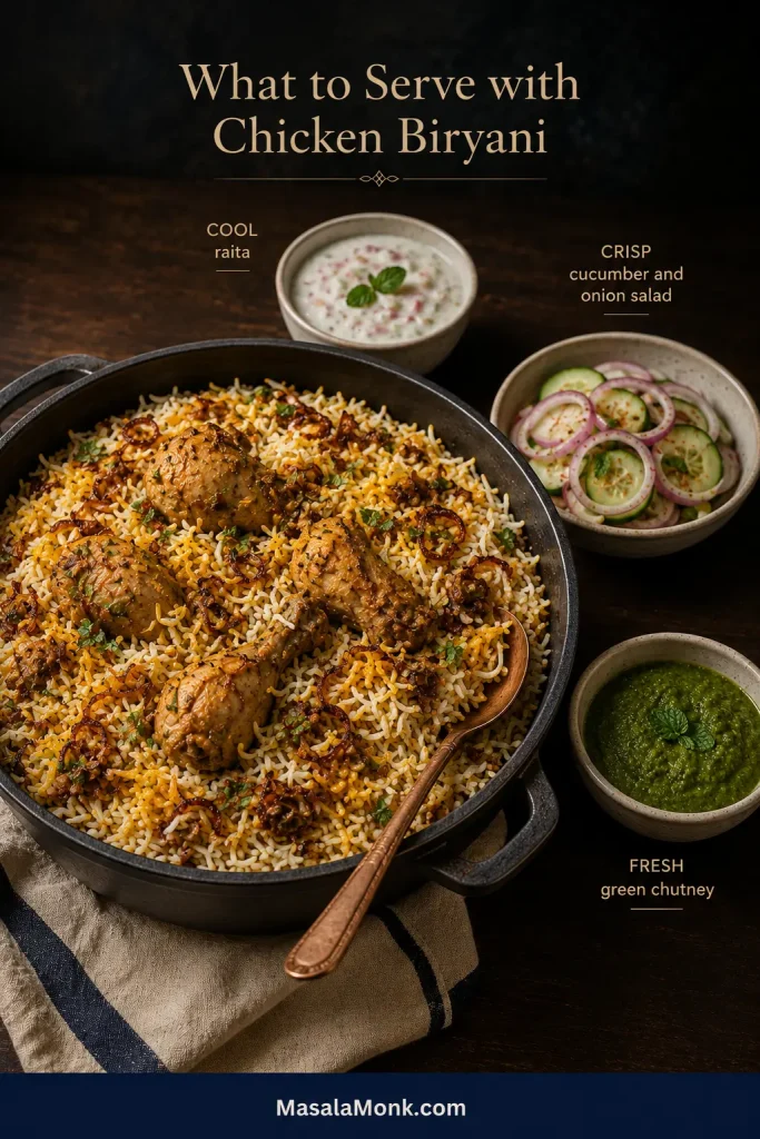 Chicken biryani in a graphite pot beside bowls of raita, cucumber and red onion salad, and green chutney.