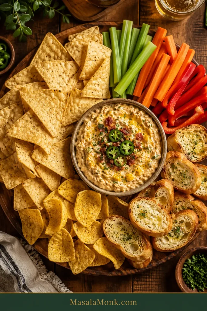 Overhead party platter with creamy jalapeño corn dip surrounded by thick tortilla chips, corn chips, celery sticks, carrot sticks, red bell pepper strips and toasted baguette slices.