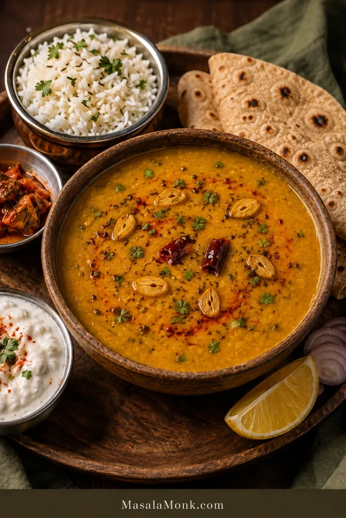 Dal Tadka served with basmati rice, rotis, raita, Indian pickle, lemon and sliced red onion.