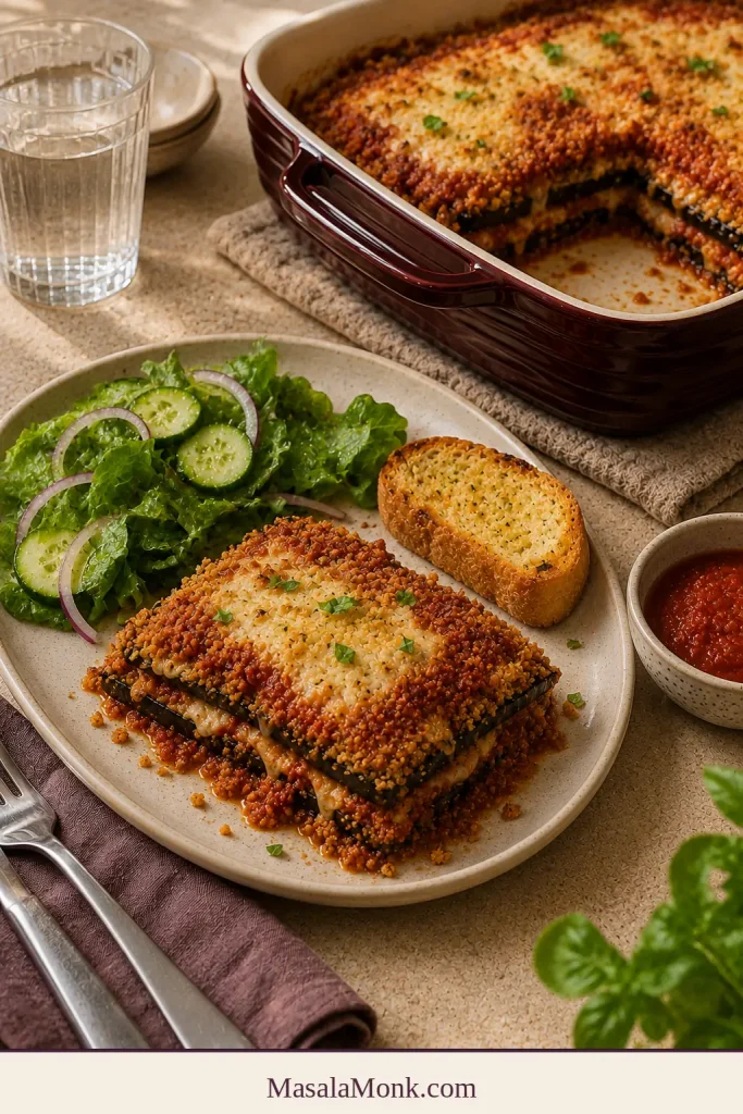 Plate with a rectangular serving of Eggplant Parmesan, cucumber salad, garlic bread and extra marinara.