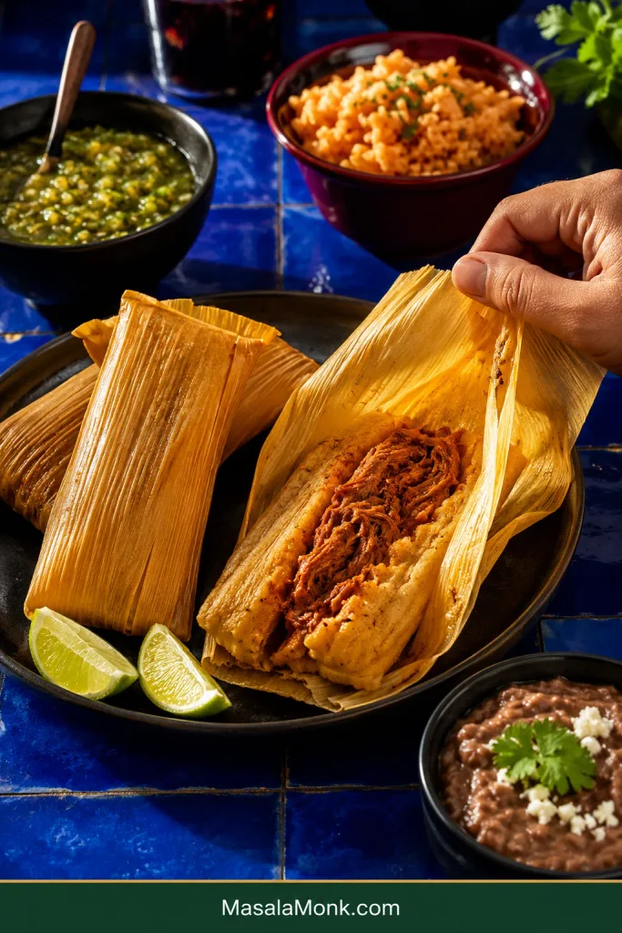 Open red chile pork tamale served on a cobalt-blue table with wrapped tamales, salsa verde, lime wedges, refried beans and Mexican rice.