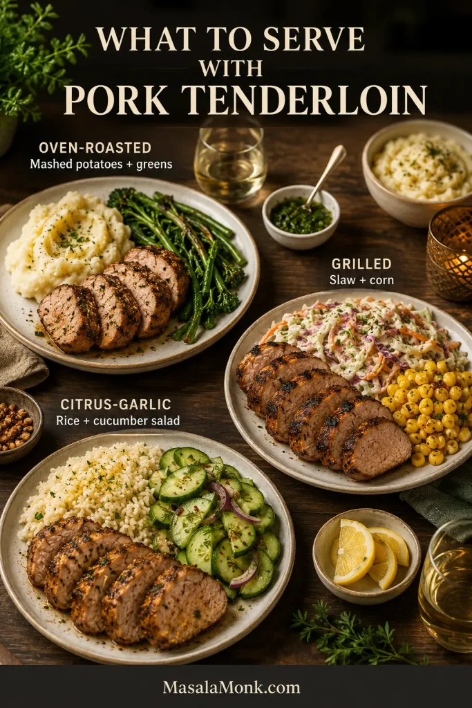 Three pork tenderloin pairings: roasted pork with mashed potatoes, grilled pork with slaw and corn, and citrus-garlic pork with rice.