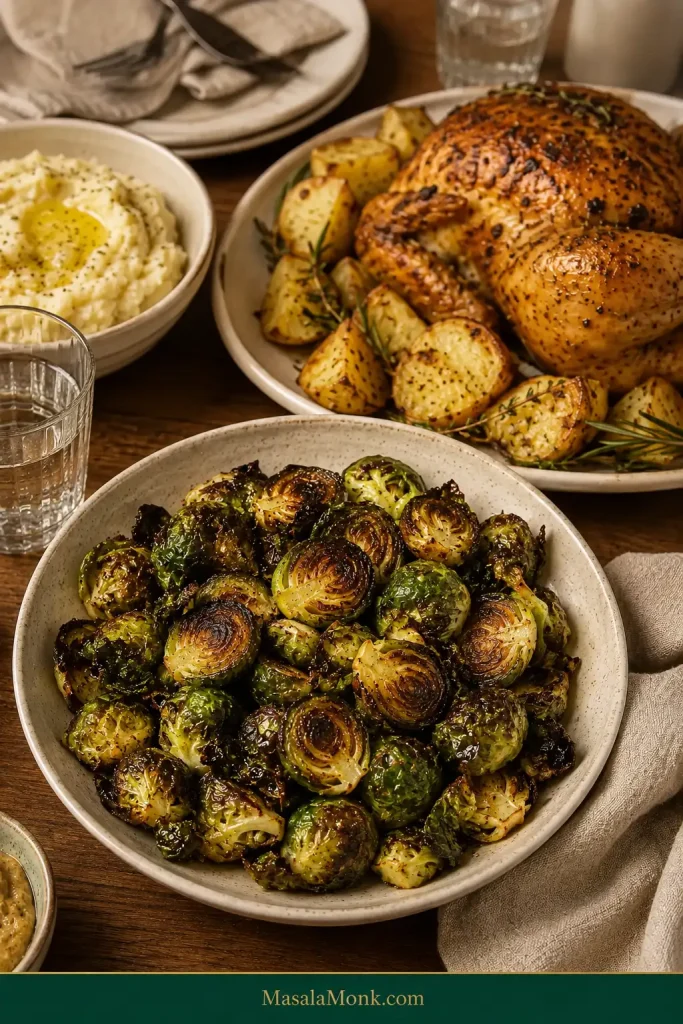 Dinner table with a prominent bowl of roasted Brussels sprouts served beside roast chicken, potatoes and other simple side dishes.