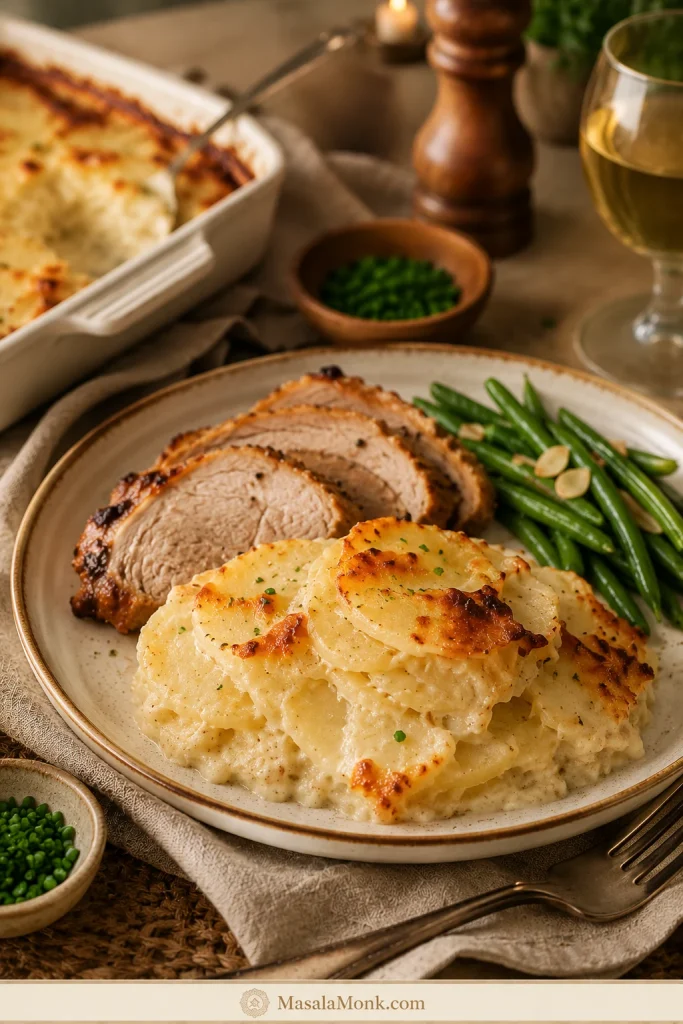 Scalloped potatoes served at a dinner table with browned meat and green vegetables.