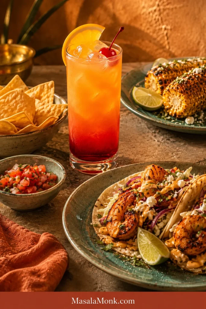 Tequila Sunrise served with tortilla chips and salsa, shrimp tacos and grilled corn on a warm dining table.