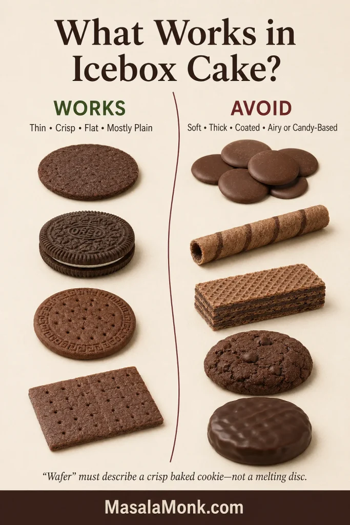 Suitable thin cookies shown on the left and unsuitable candy discs, wafer rolls, layered wafers, soft cookies, and coated cookies on the right.