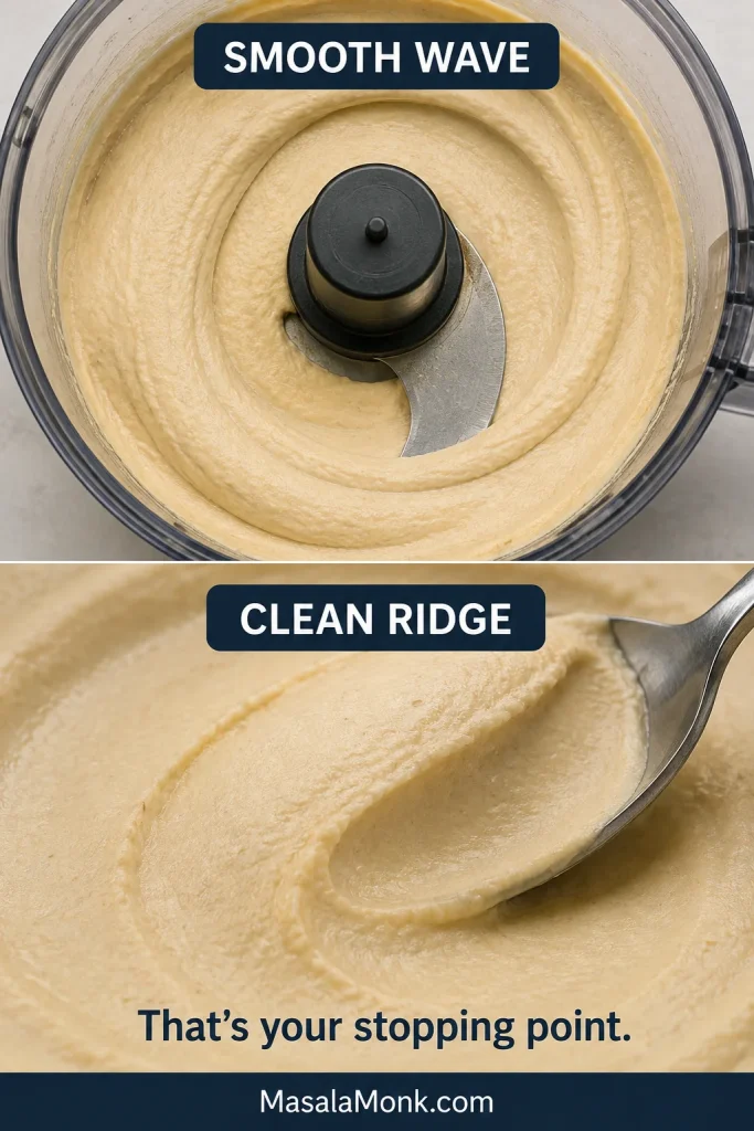 Smooth hummus circulating around a food processor blade and forming a clean ridge under a spoon.