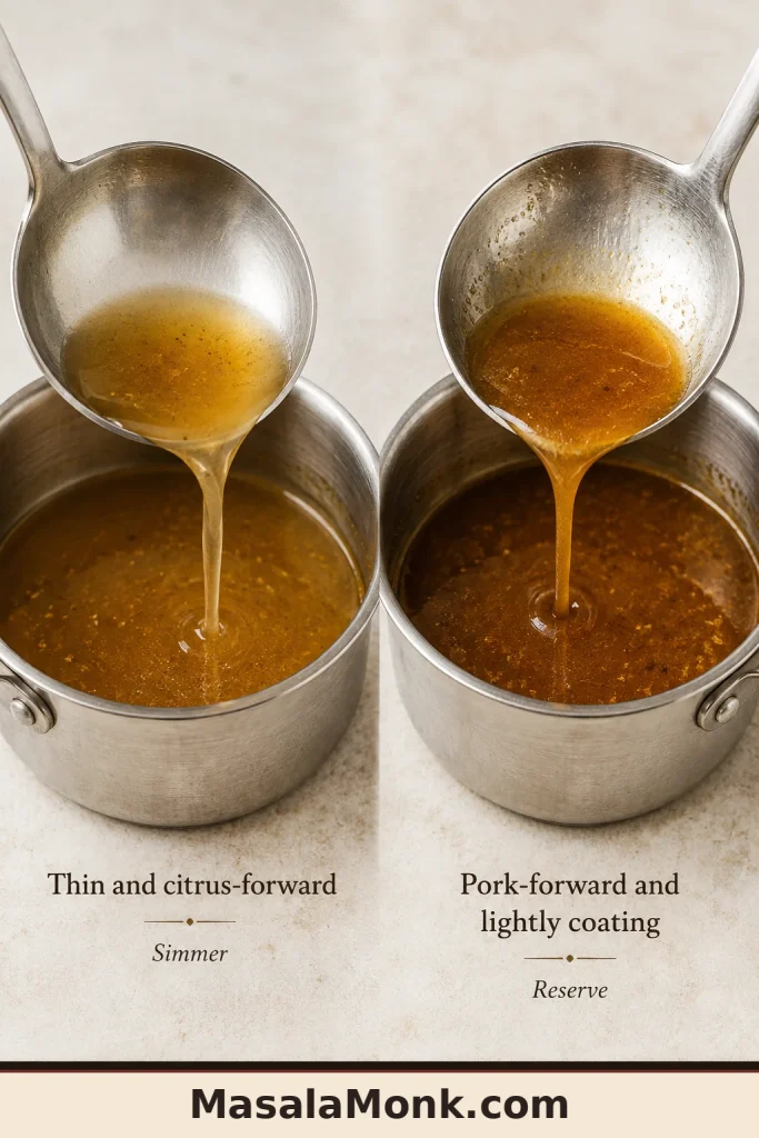 Thin amber pork juices run quickly from one spoon while darker reduced juices leave a light coating on a second spoon.