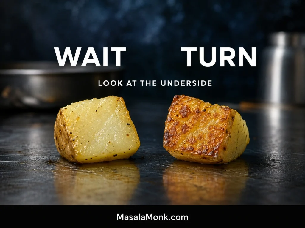 Two potato chunks shown cut-side up, one pale underneath and one deeply golden, demonstrating when the potatoes are ready to turn.