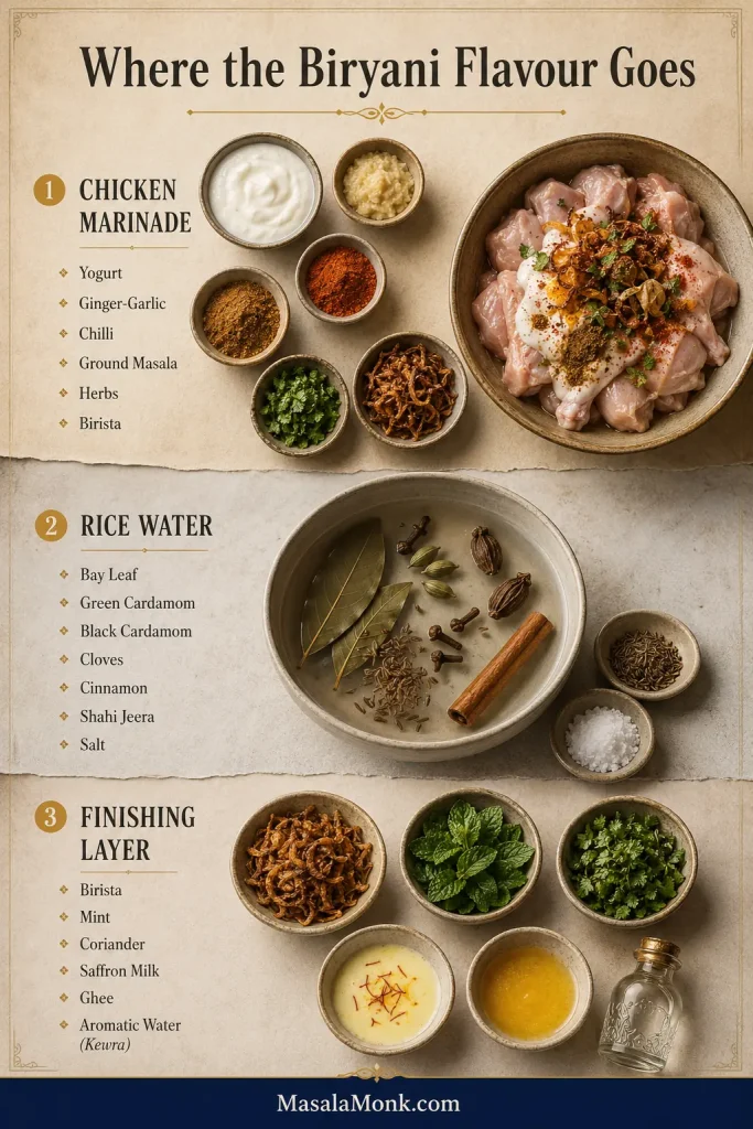 Ingredient map separating seasonings for the chicken marinade, whole spices for rice water and saffron, ghee, herbs and birista for layering.
