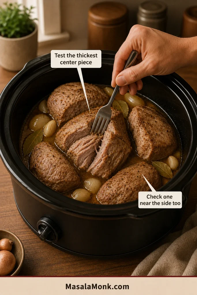 A fork tests the thickest pork piece in the center of a slow cooker while a second marked area identifies a piece near the outer edge.
