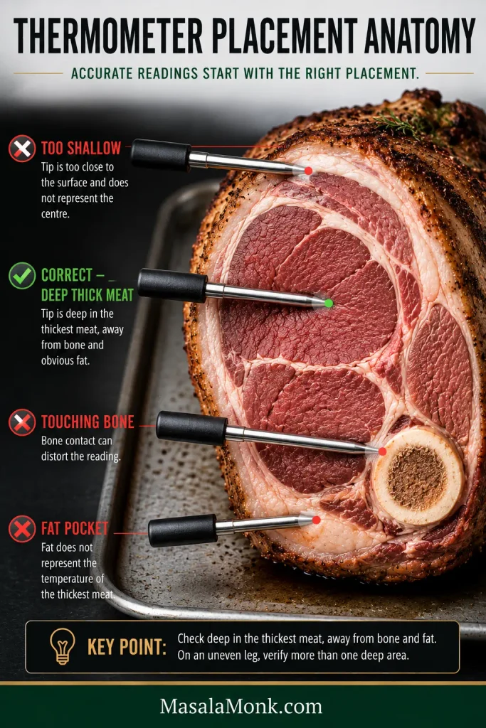 Cutaway lamb leg showing a correct thermometer probe deep in thick muscle and incorrect probes that are shallow, touching bone or in fat.