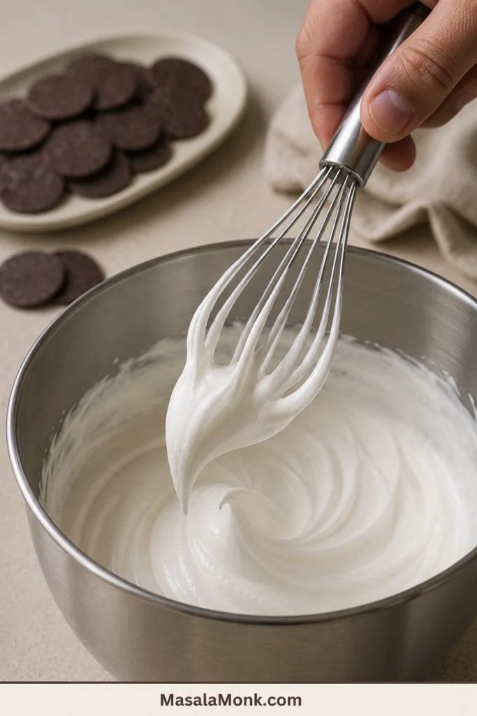 Whisk lifted above a stainless-steel bowl with smooth whipped cream forming a glossy peak that bends slightly at the tip.